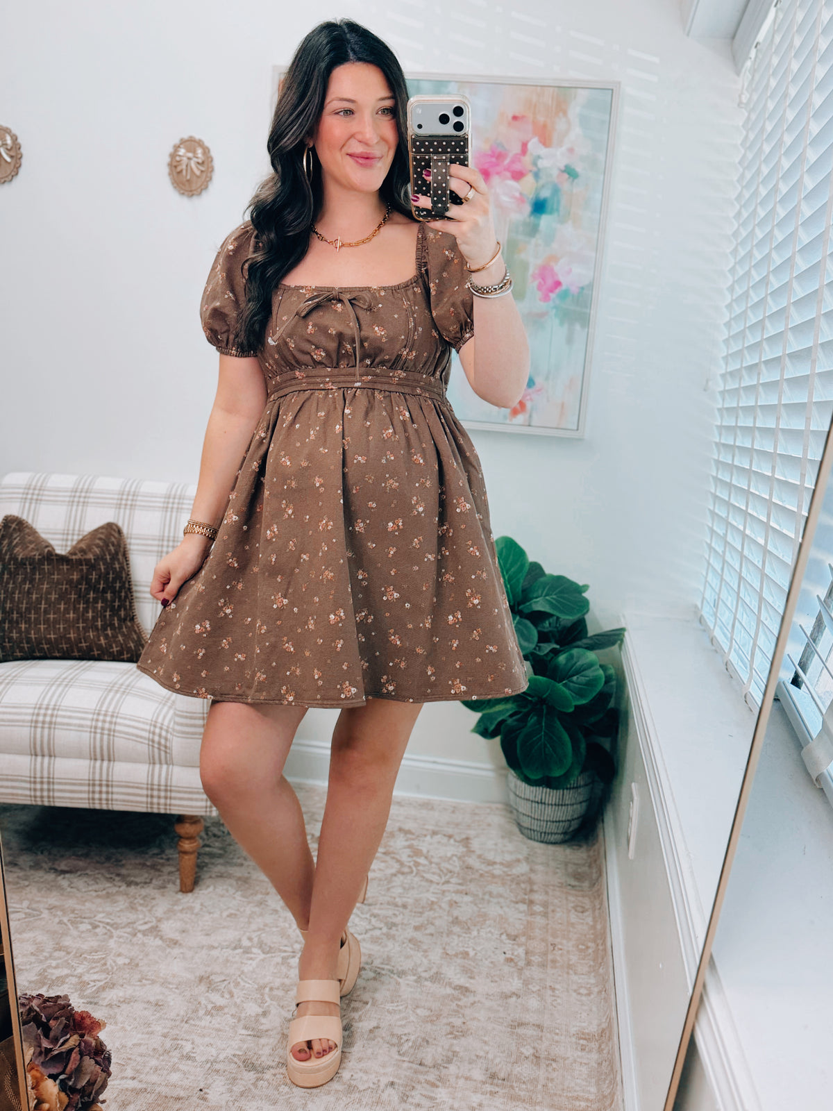 Ditsy Denim Floral Babydoll Mini Dress