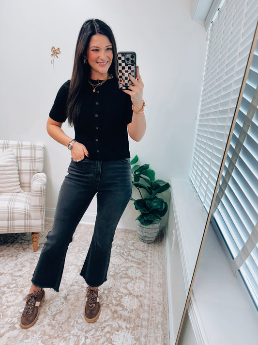 Nova Button Sweater Top - Black
