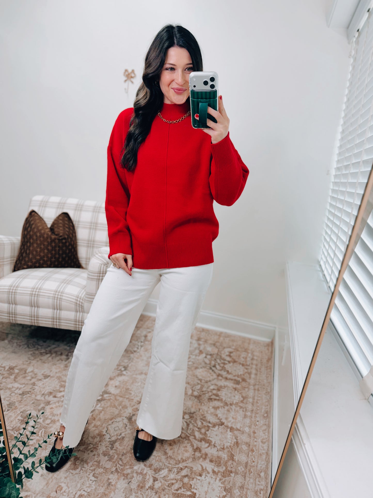 Red Ribbed Mock Front Seam Sweater