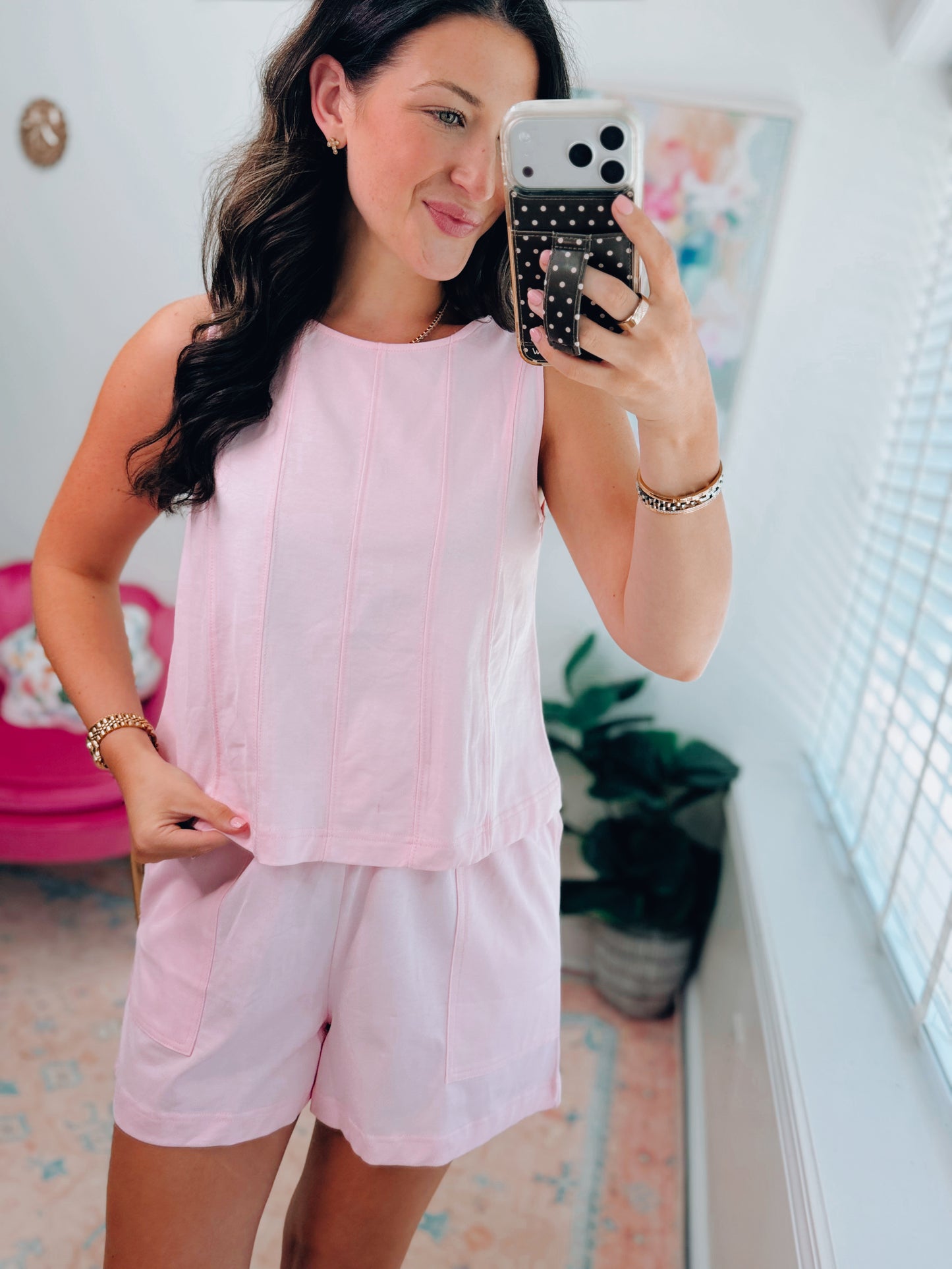Pink Stitched Cotton Shorts Set
