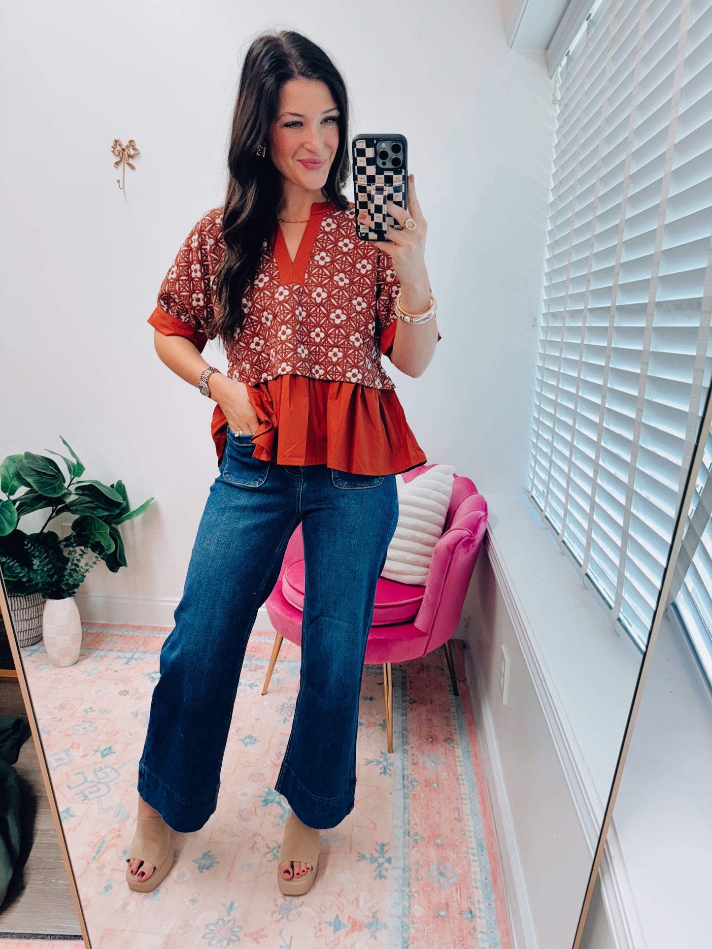 CURVY Darcy Floral Mix Media Top - Rust