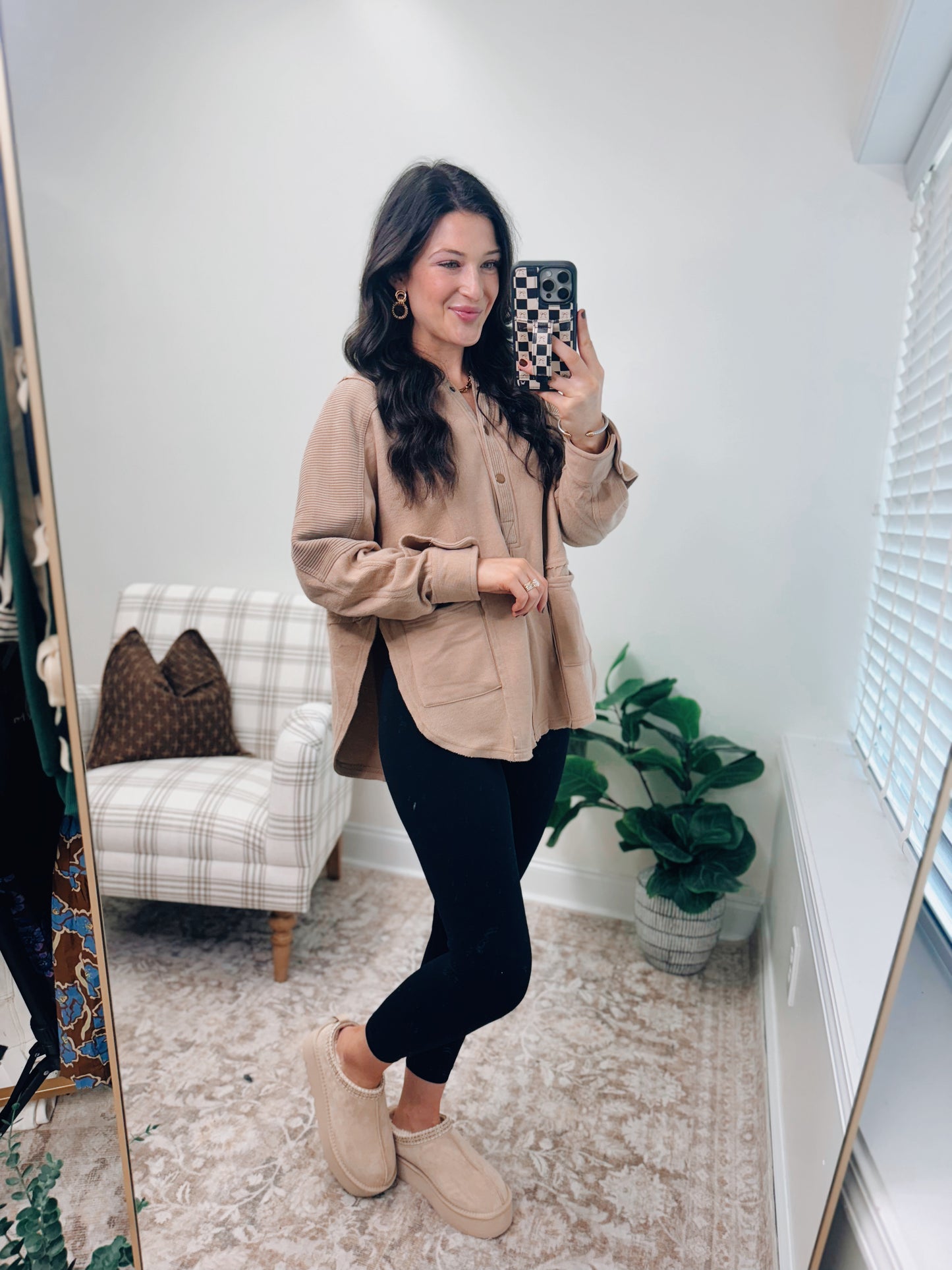 Exposed Front Pocket Hoodie Top - Taupe