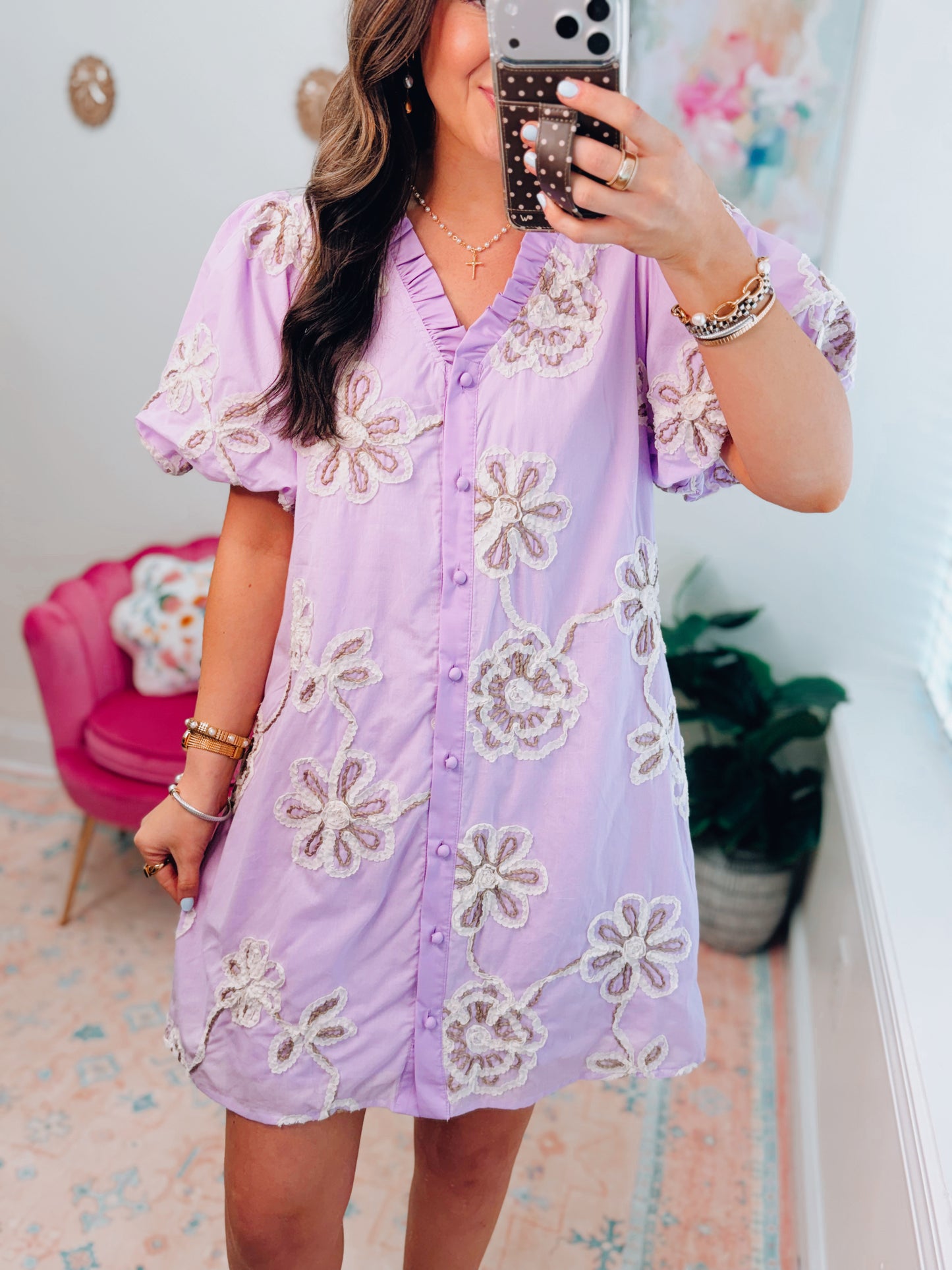 Lavender Raised Floral Button Mini Dress