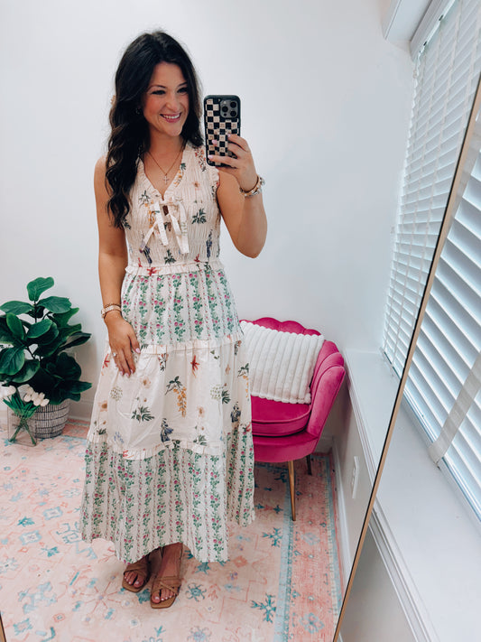Vintage Floral Bow Smocked Midi Dress