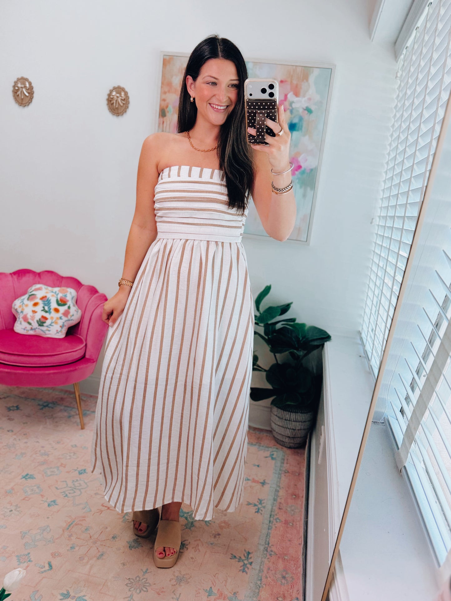 Striped Strapless Linen Midi Dress