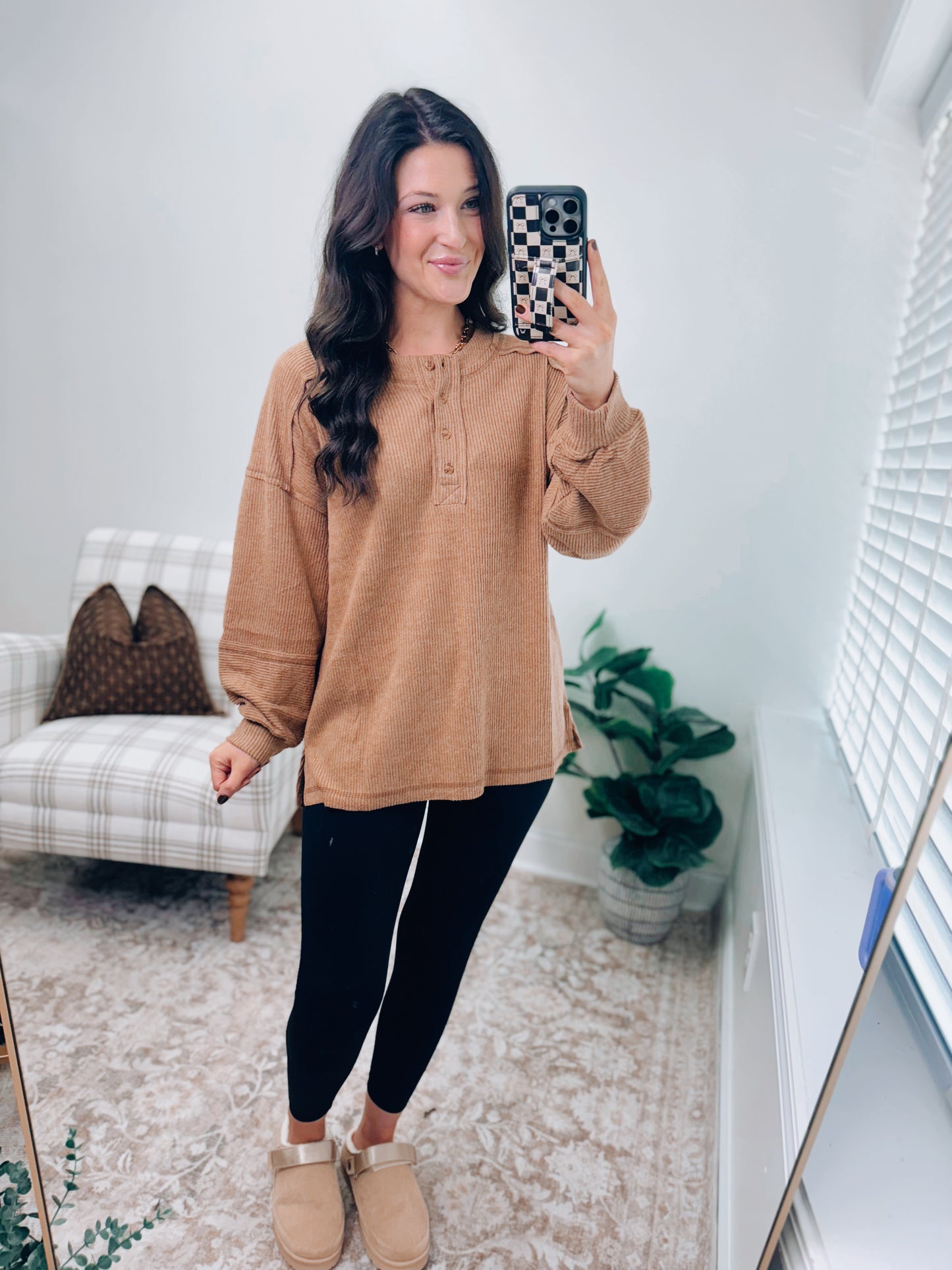 DOORBUSTER Button Brushed Ribbed Sweater - Camel