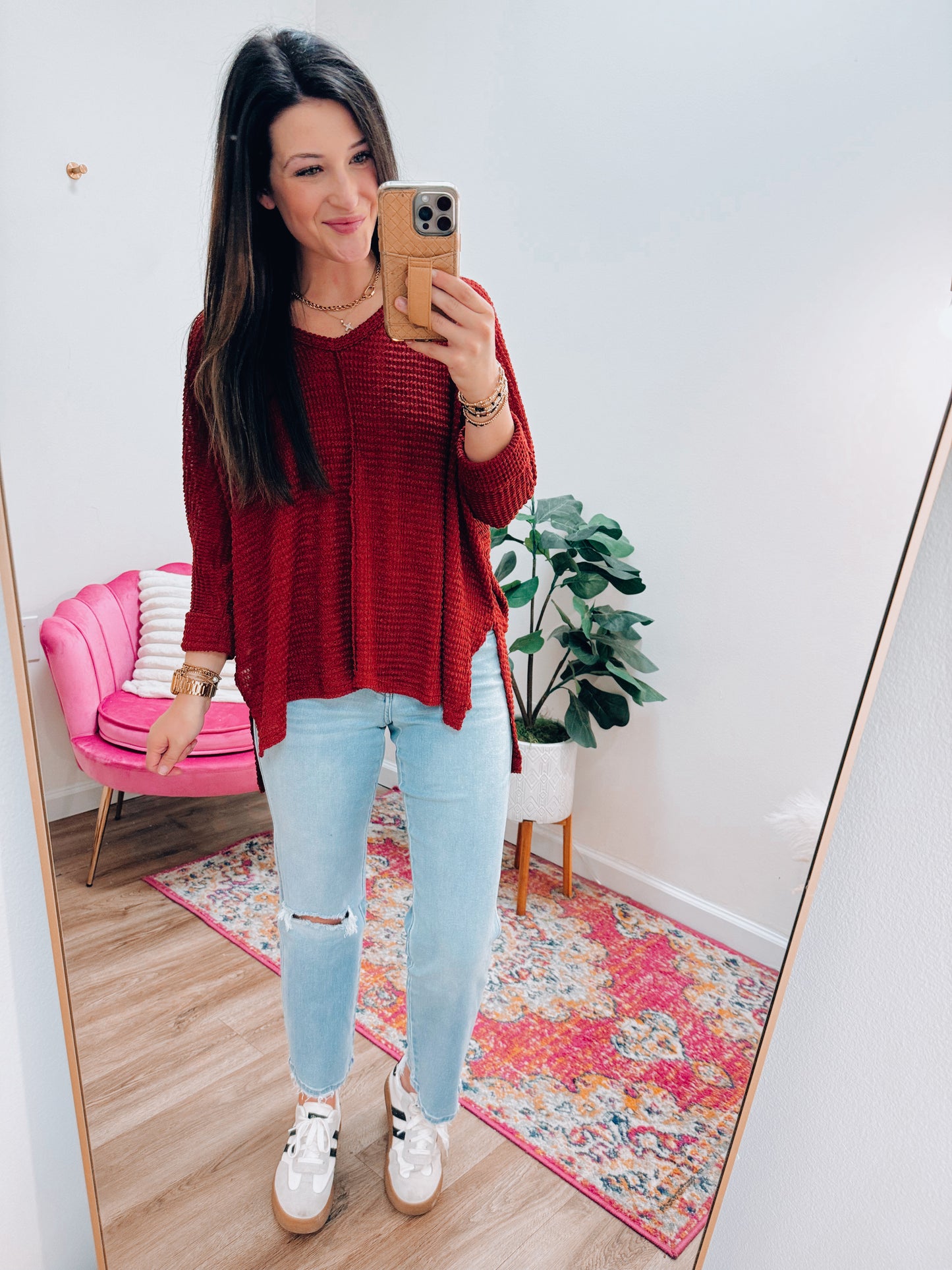 Mindi Waffle Knit Top - Cherry