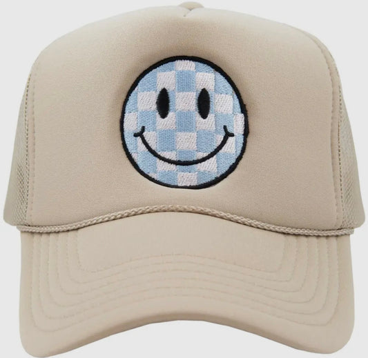 Checkered Smiley Patch Trucker Hat