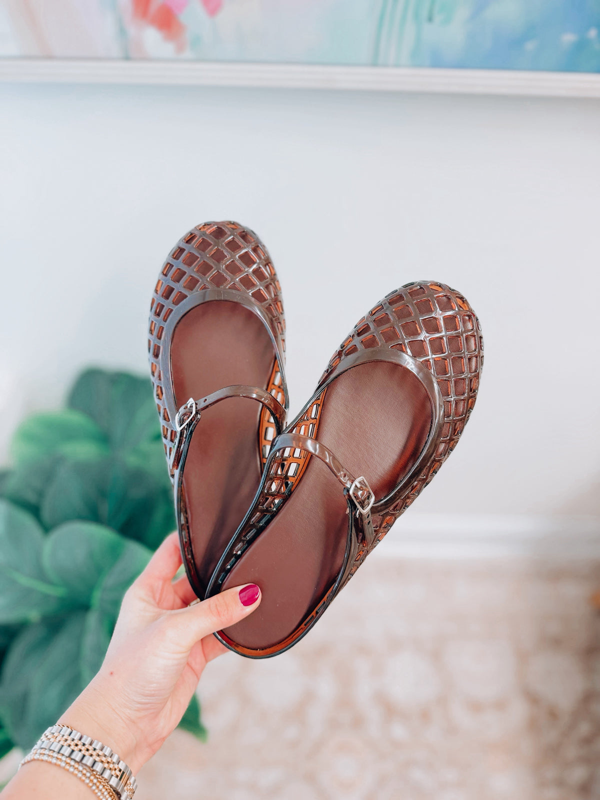 Brown Jelly Mary Jane Open Flats