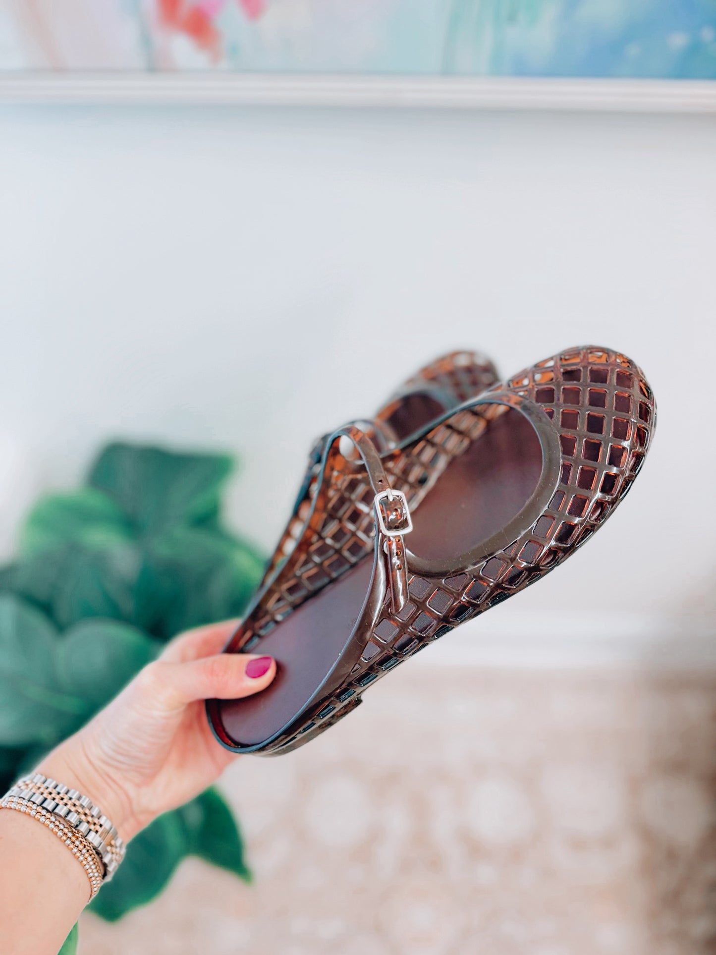 Brown Jelly Mary Jane Open Flats
