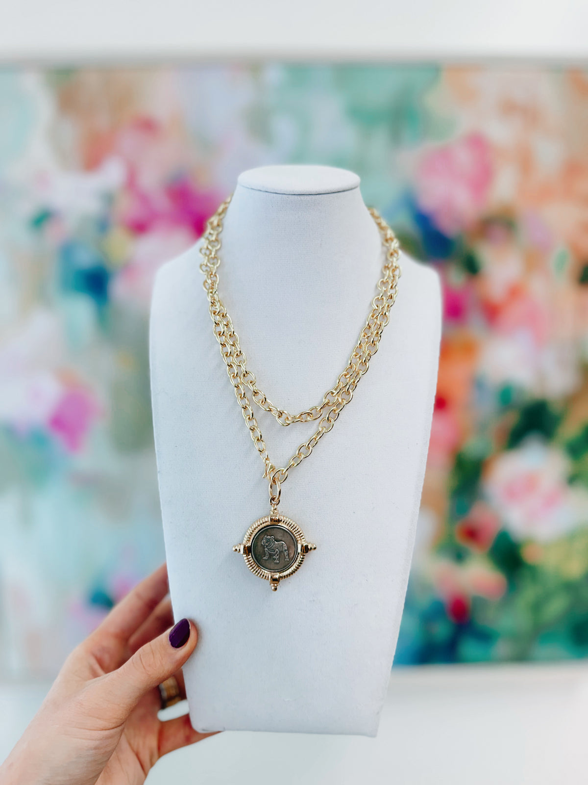 Bulldog Bezel Gold Coin Drop Necklace