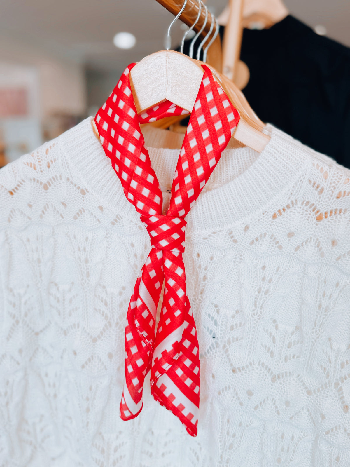 French Picnic Red Gingham Satin Silk Square Scarf