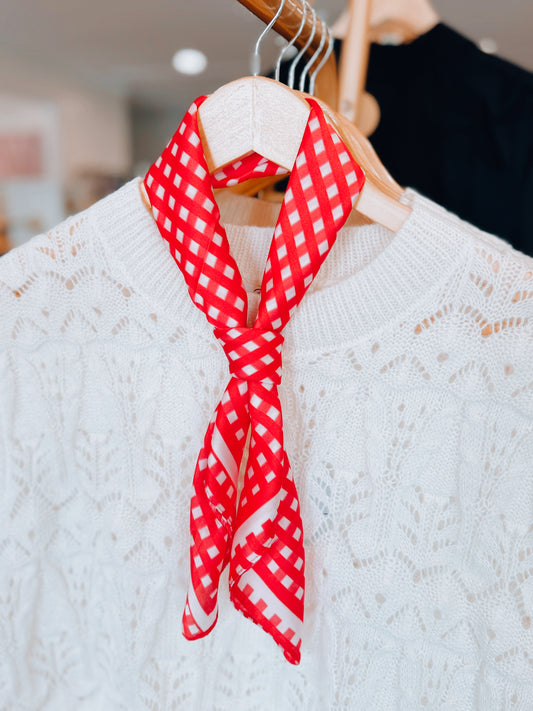 French Picnic Red Gingham Satin Silk Square Scarf