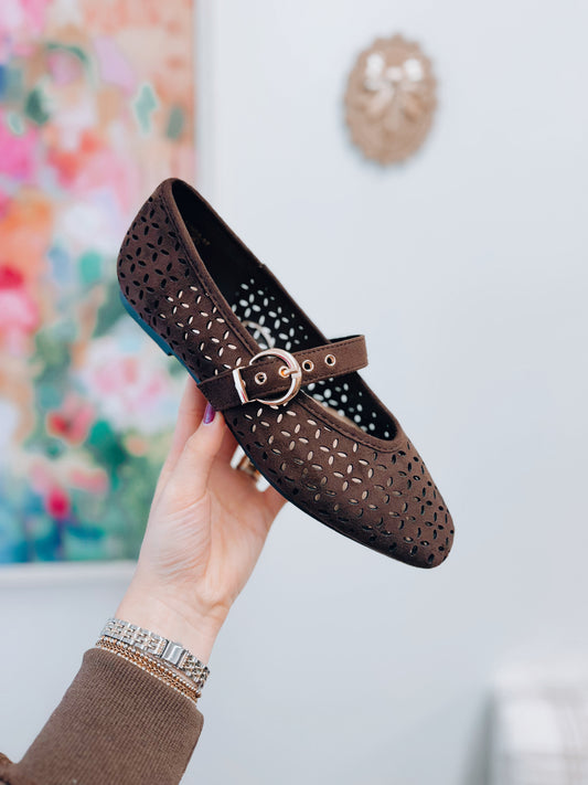Linda Suede Mary Jane Flats - Dark Chocolate