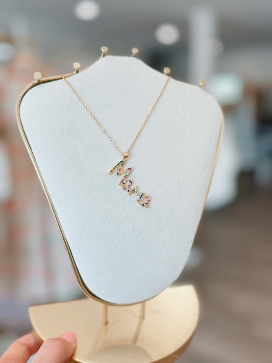 Mama Colorful Rhinestone Drop Necklace | 18K Gold Plated