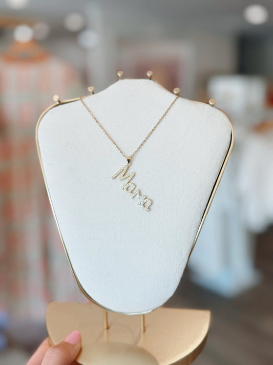 Mama Rhinestone Drop Necklace | 18K Gold Plated