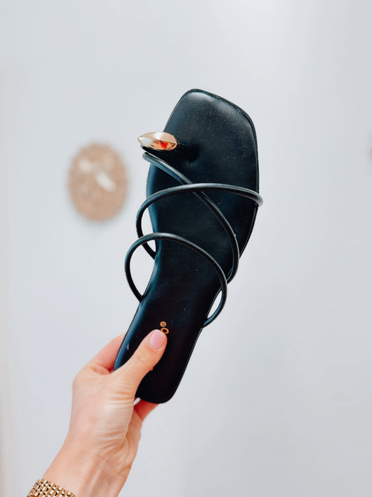 Black Strappy Gold Ring Sandals