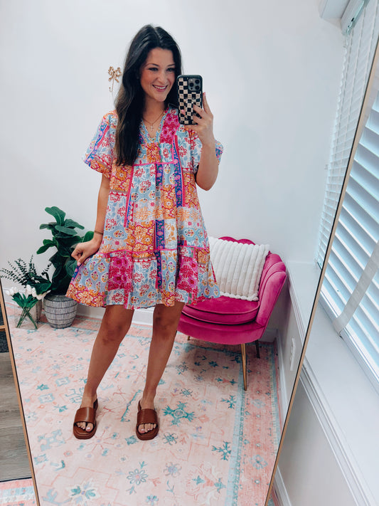 Boho Patchwork Babydoll Mini Dress