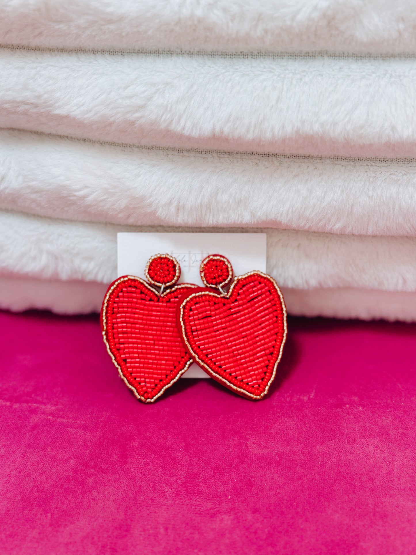 Beaded Heart Earrings - Red