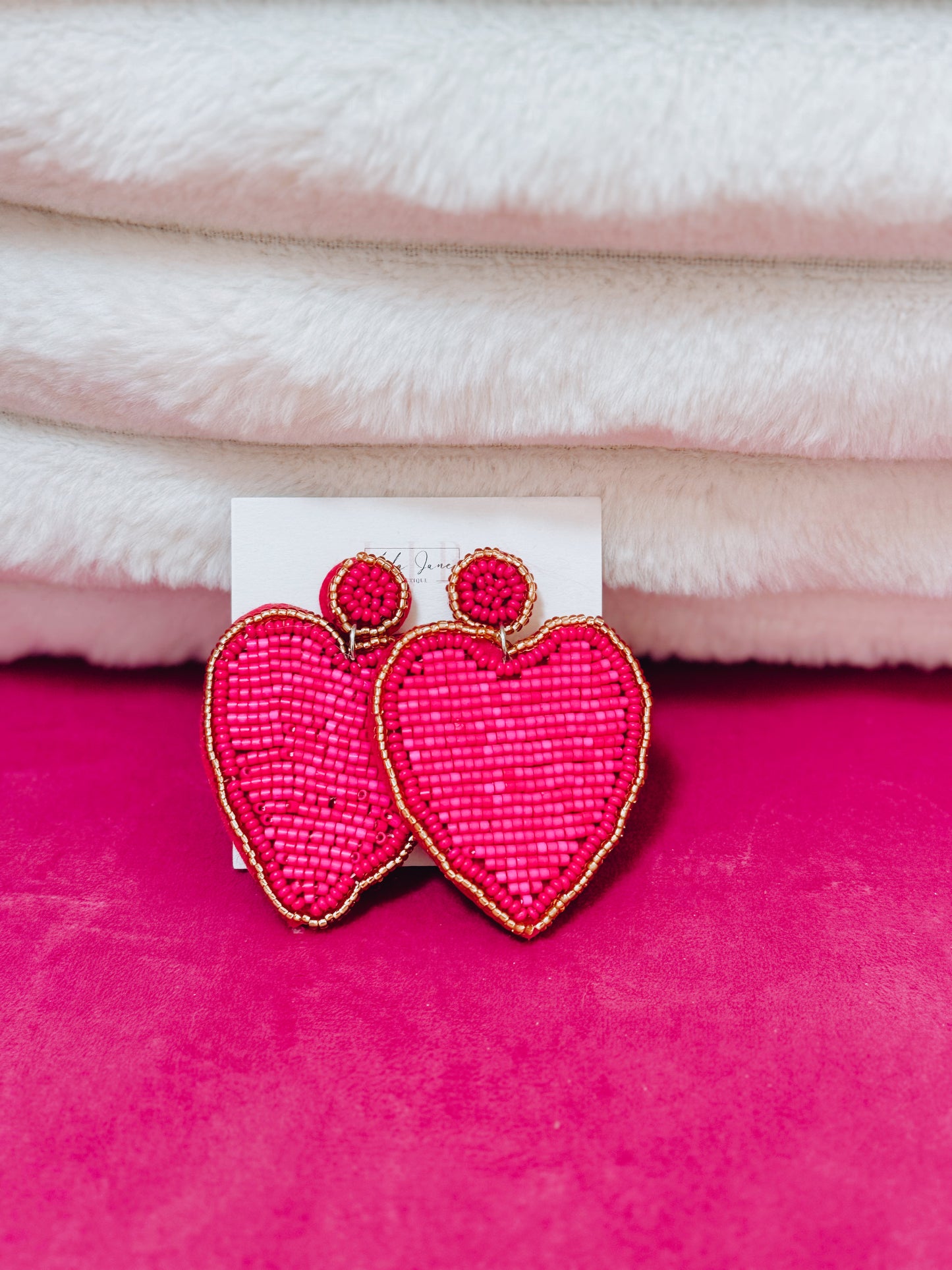 Beaded Heart Earrings - Pink