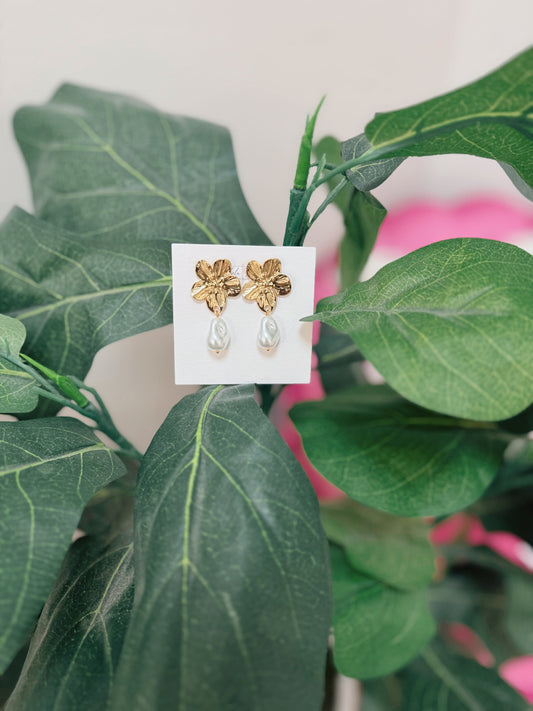 Gold Plated Flower Inlay Pearl Drop Earrings