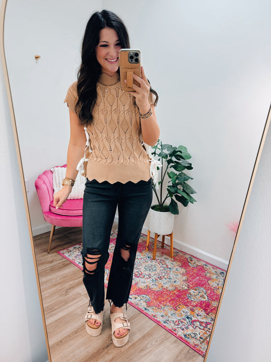 Emily Bow Tie Mock Neck Sweater Top