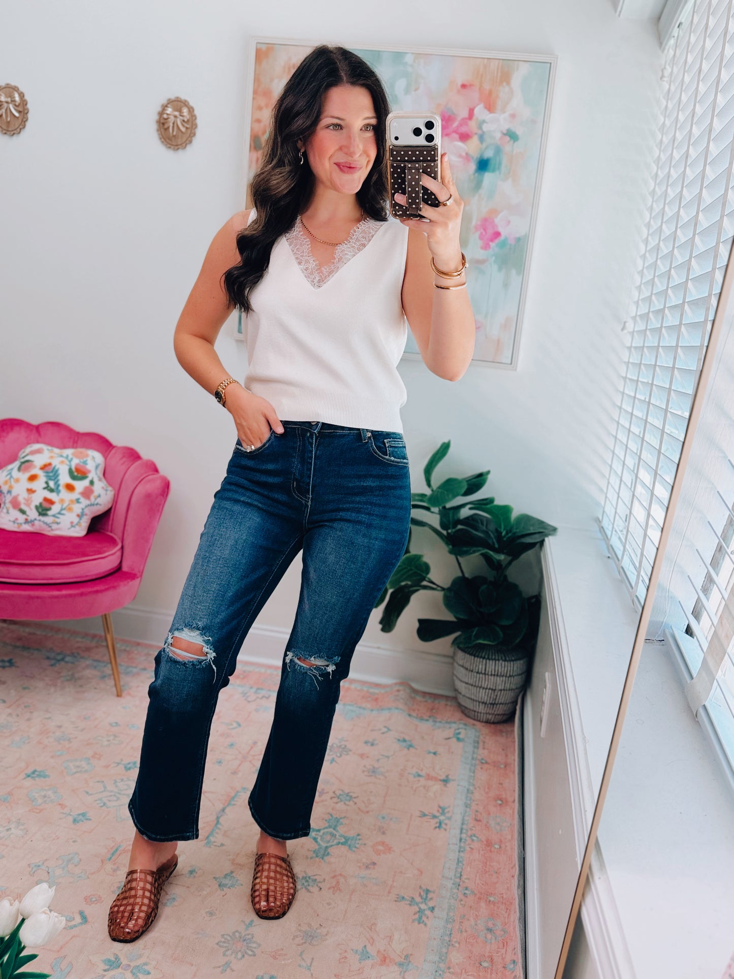 V-Neck Sleeveless Lace Trim Sweater Top