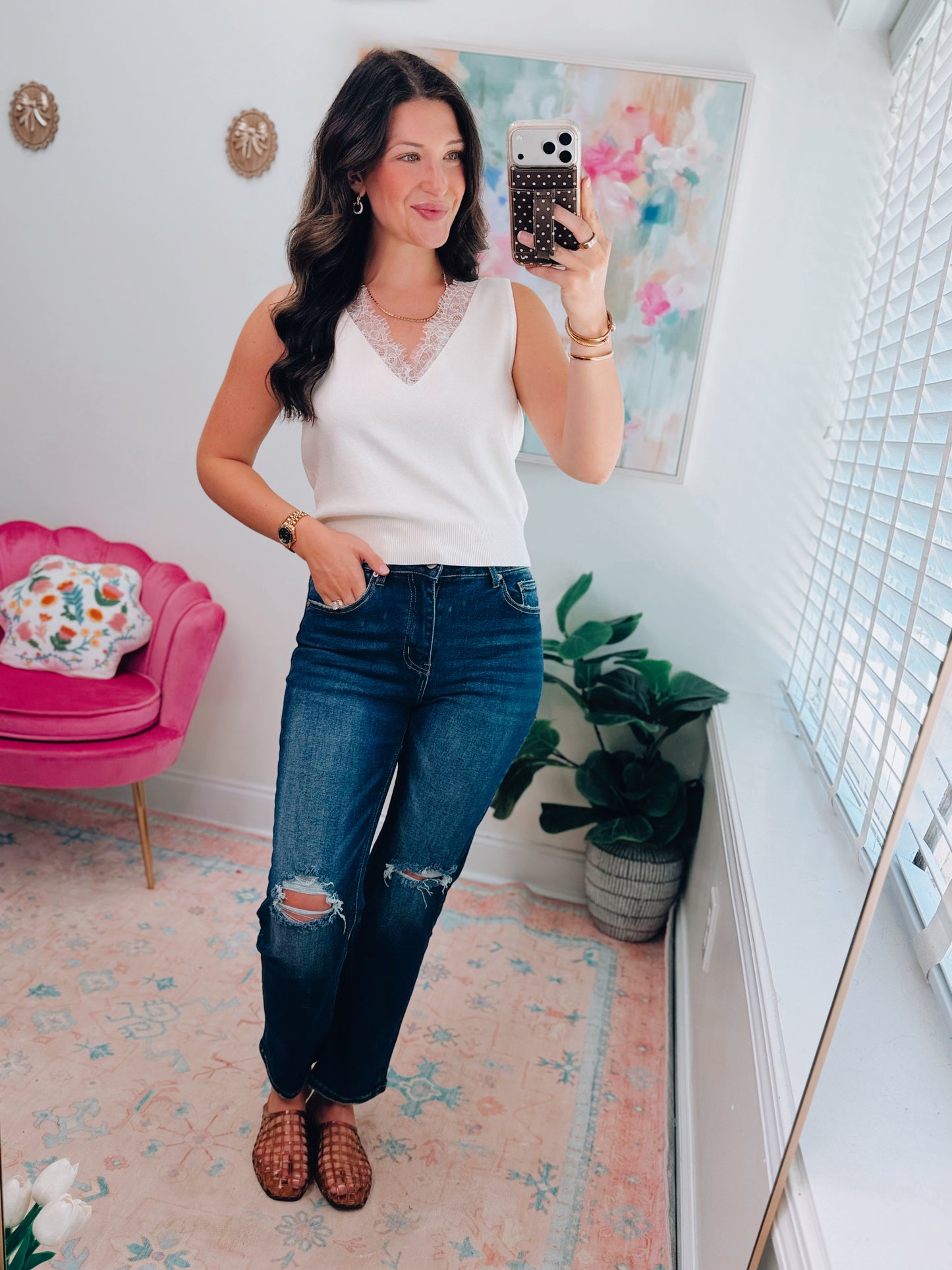 V-Neck Sleeveless Lace Trim Sweater Top