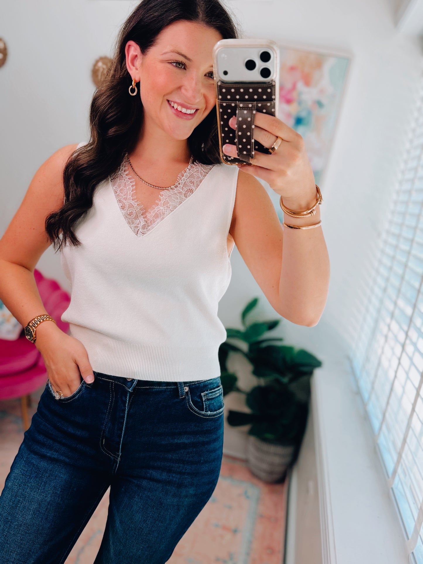 V-Neck Sleeveless Lace Trim Sweater Top