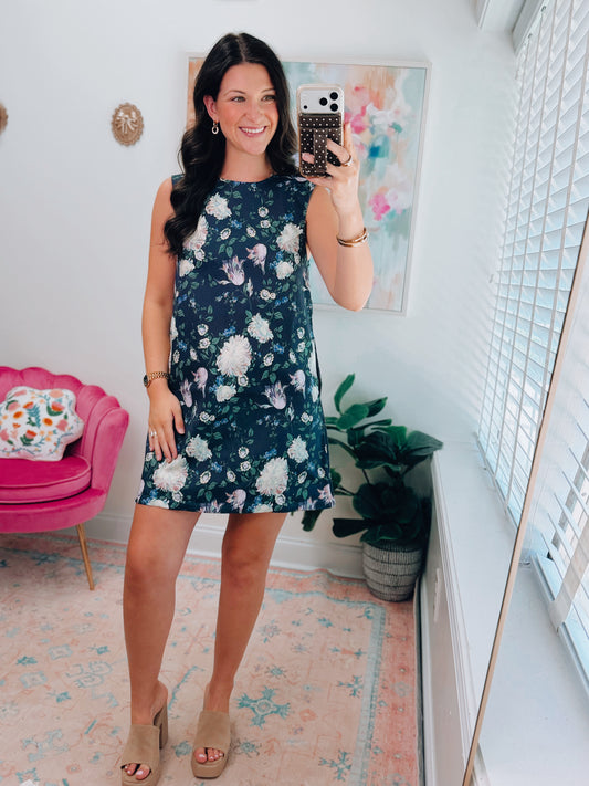 Navy Floral Mix Denim Dress
