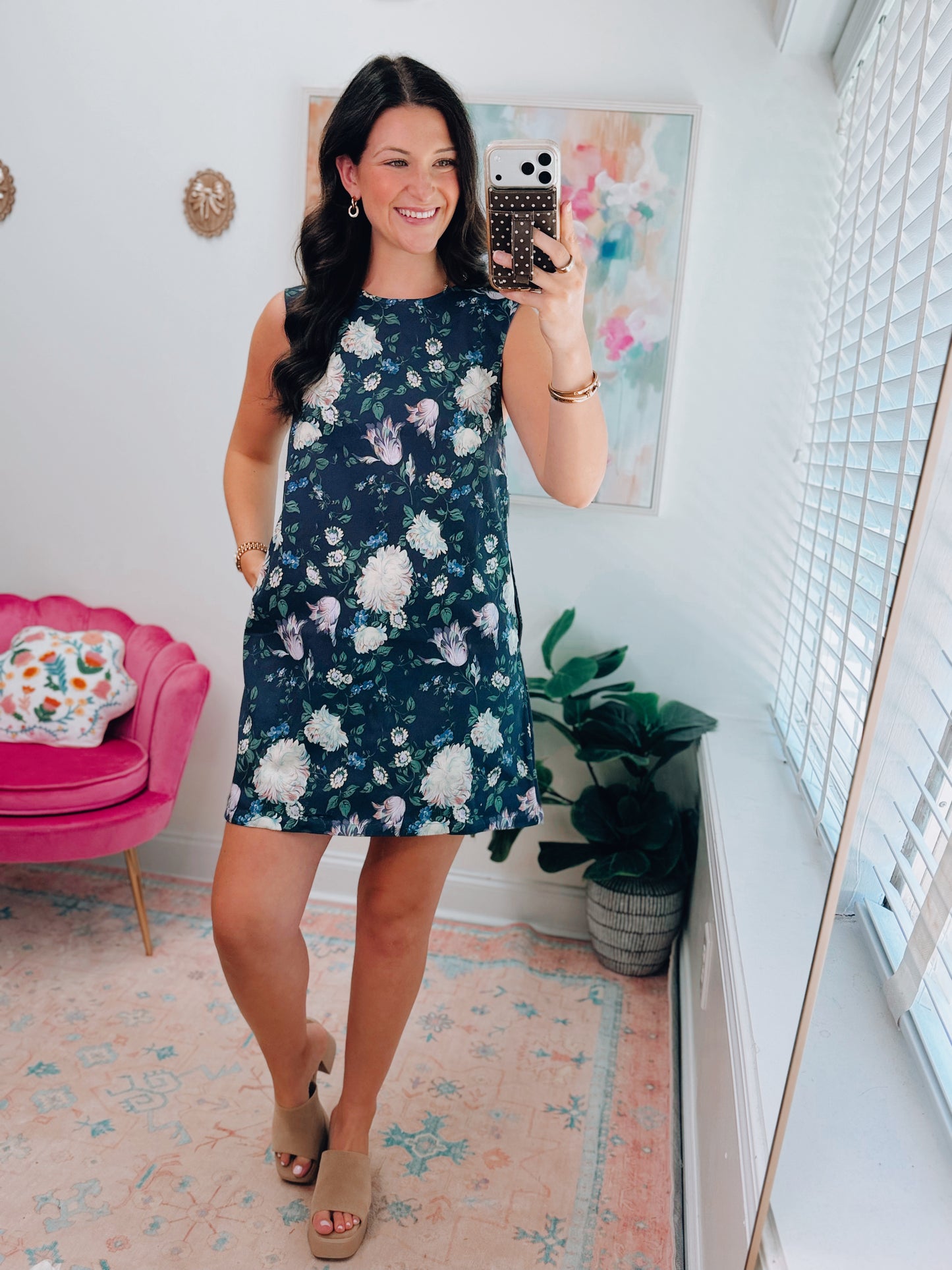 Navy Floral Mix Denim Dress