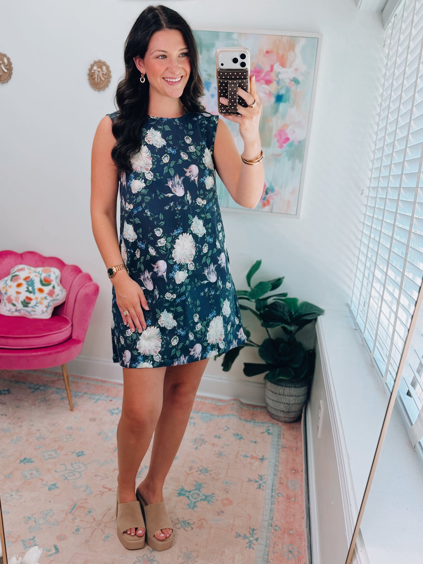 Navy Floral Mix Denim Dress