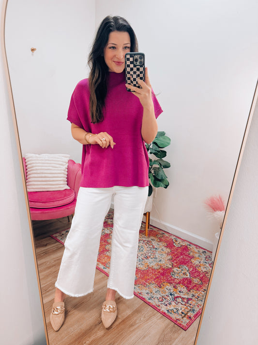 Magenta Ribbed Mock Neck Top