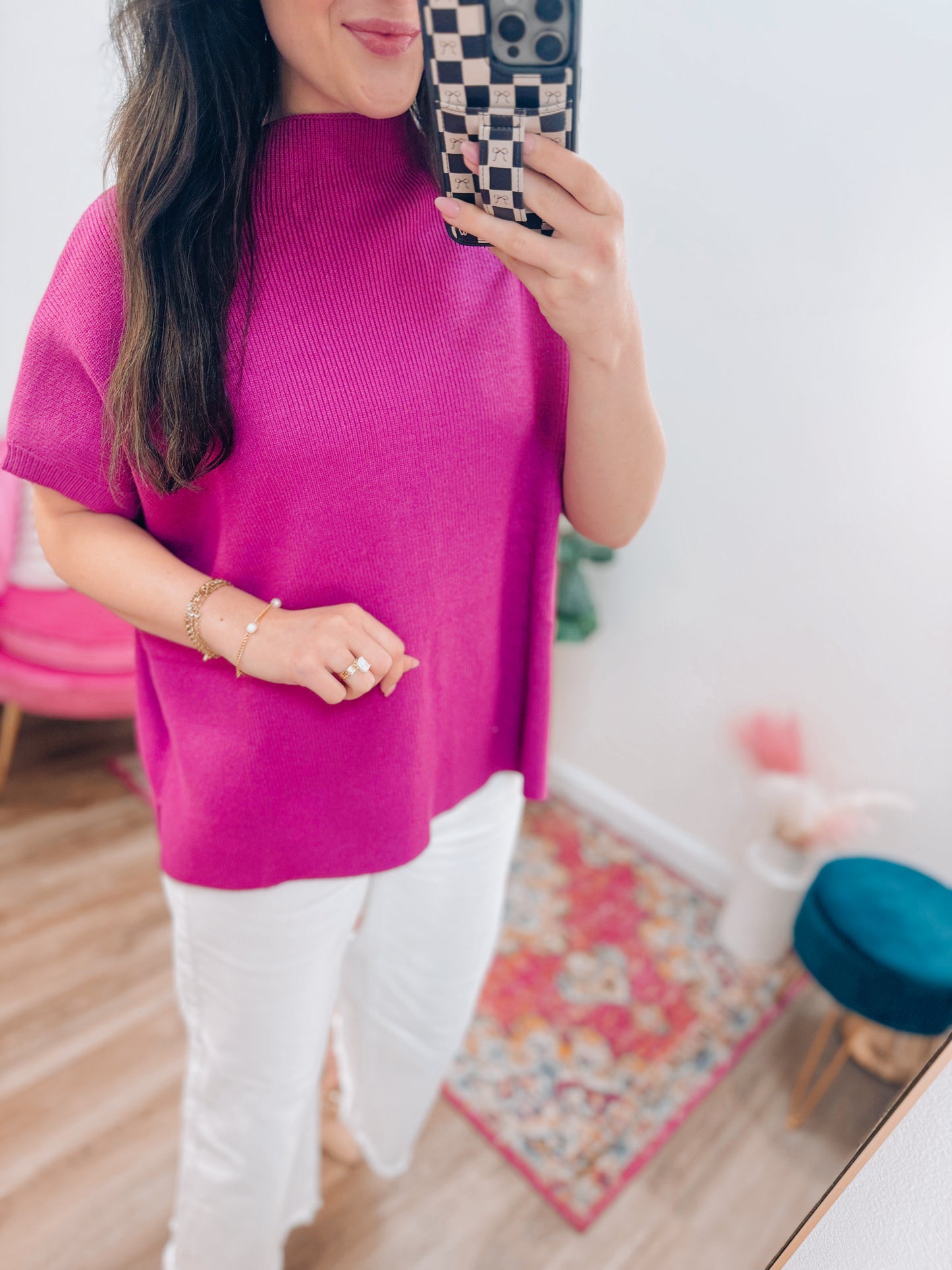 Magenta Ribbed Mock Neck Top