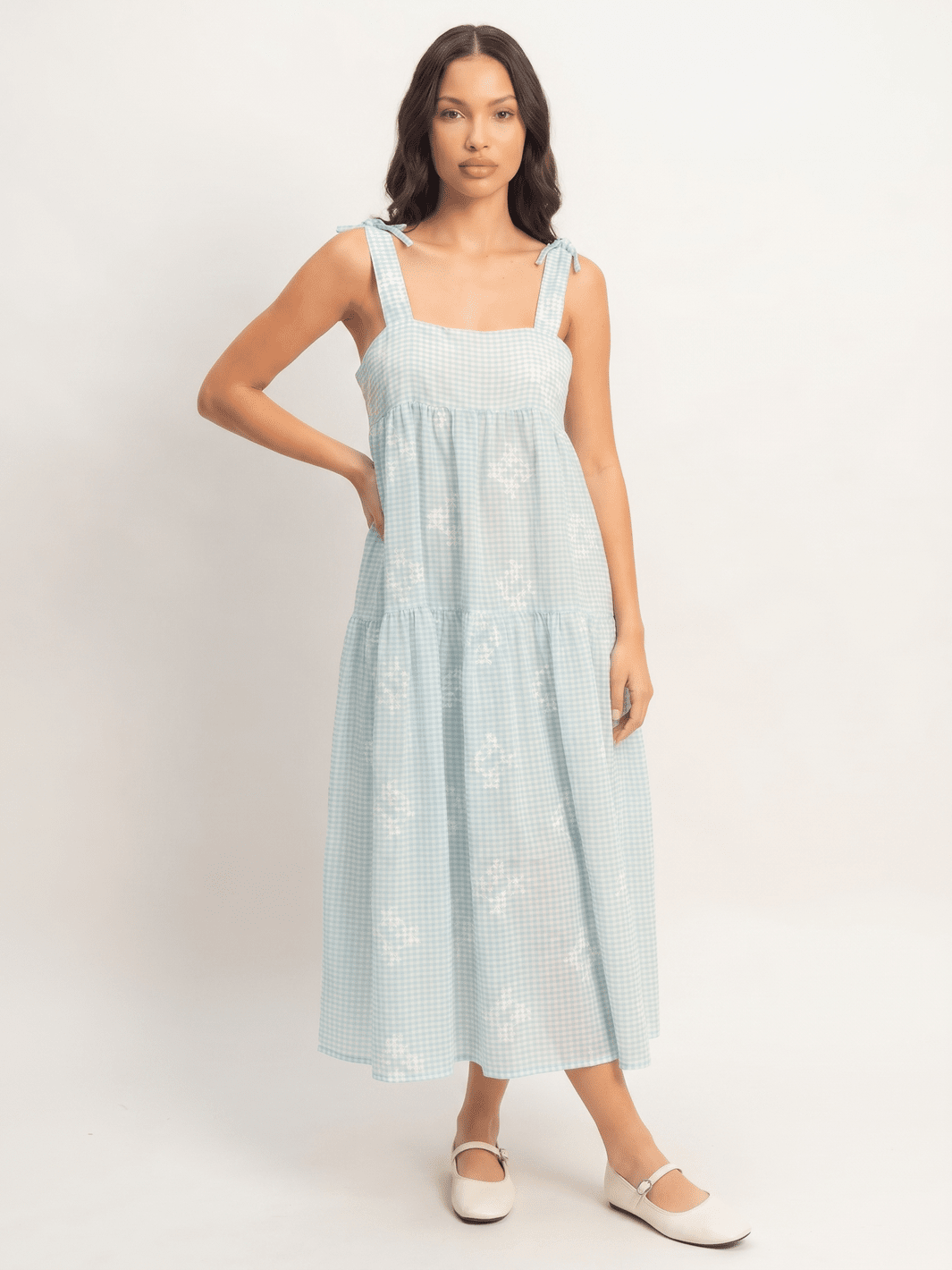 Tiered Embroidered Gingham Midi Dress - Blue