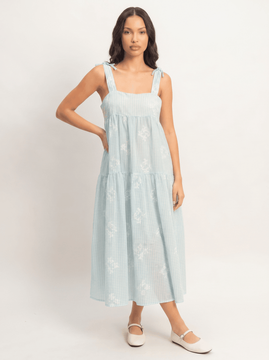 Tiered Embroidered Gingham Midi Dress - Blue