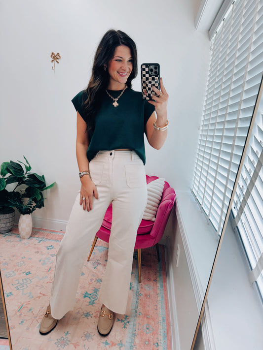 Annie Oatmeal Front Pocket Wide-Leg Denim