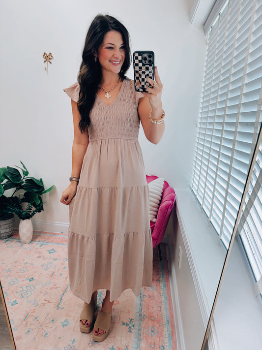 CURVY Flutter Sleeve Smocked Midi Dress
