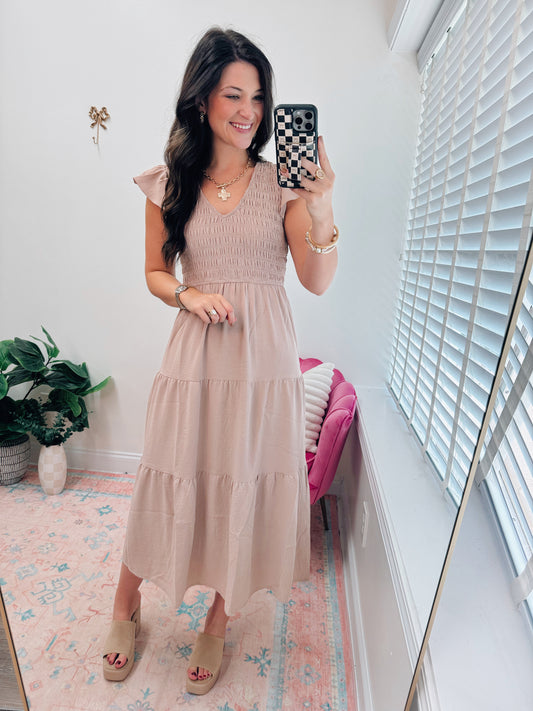 Flutter Sleeve Smocked Midi Dress