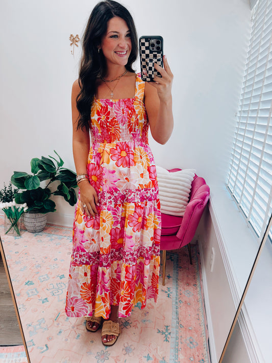 Golden Hour Floral Smocked Midi Dress