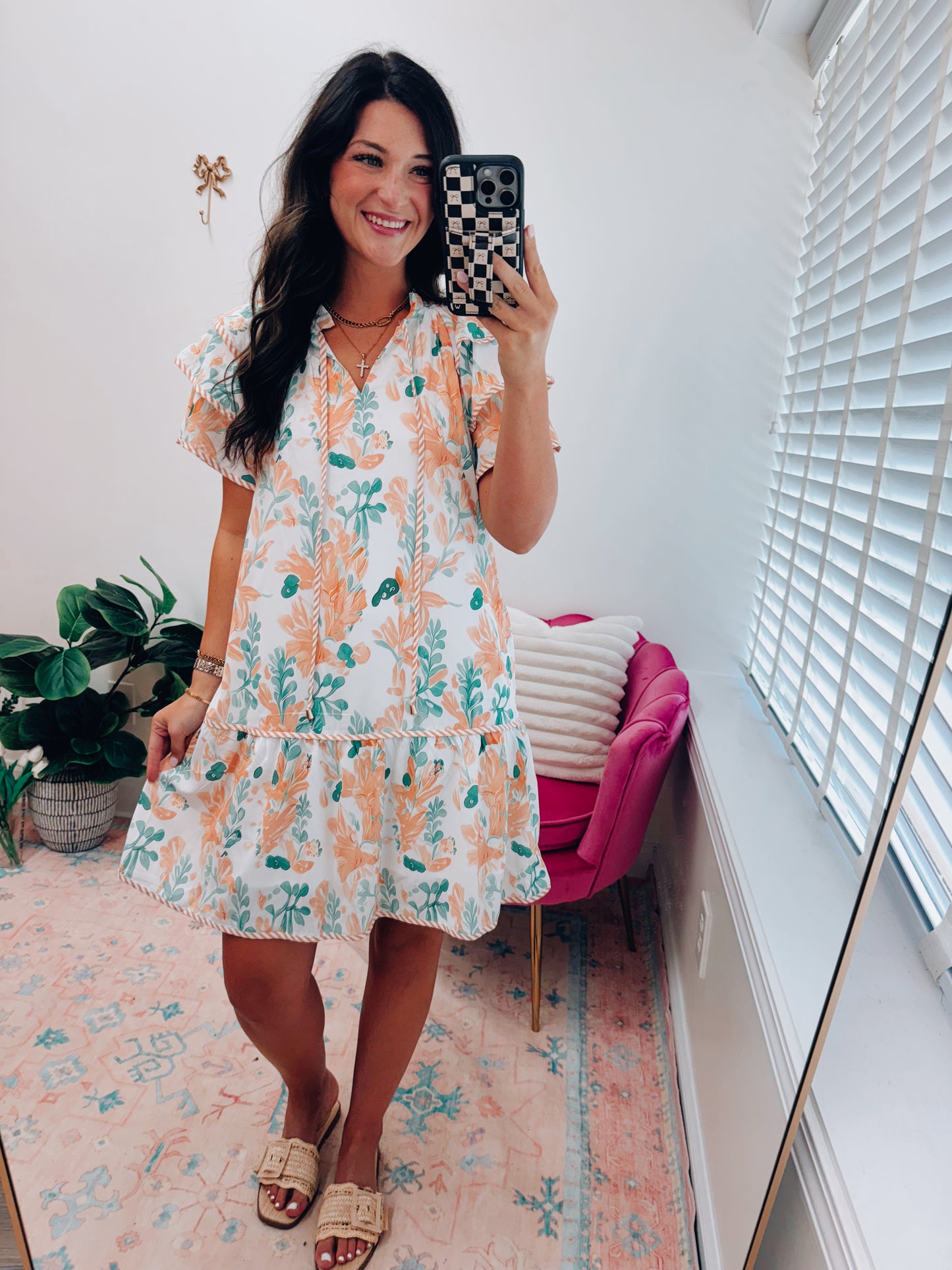 Orange Floral Contrast Ruffle Mini Dress
