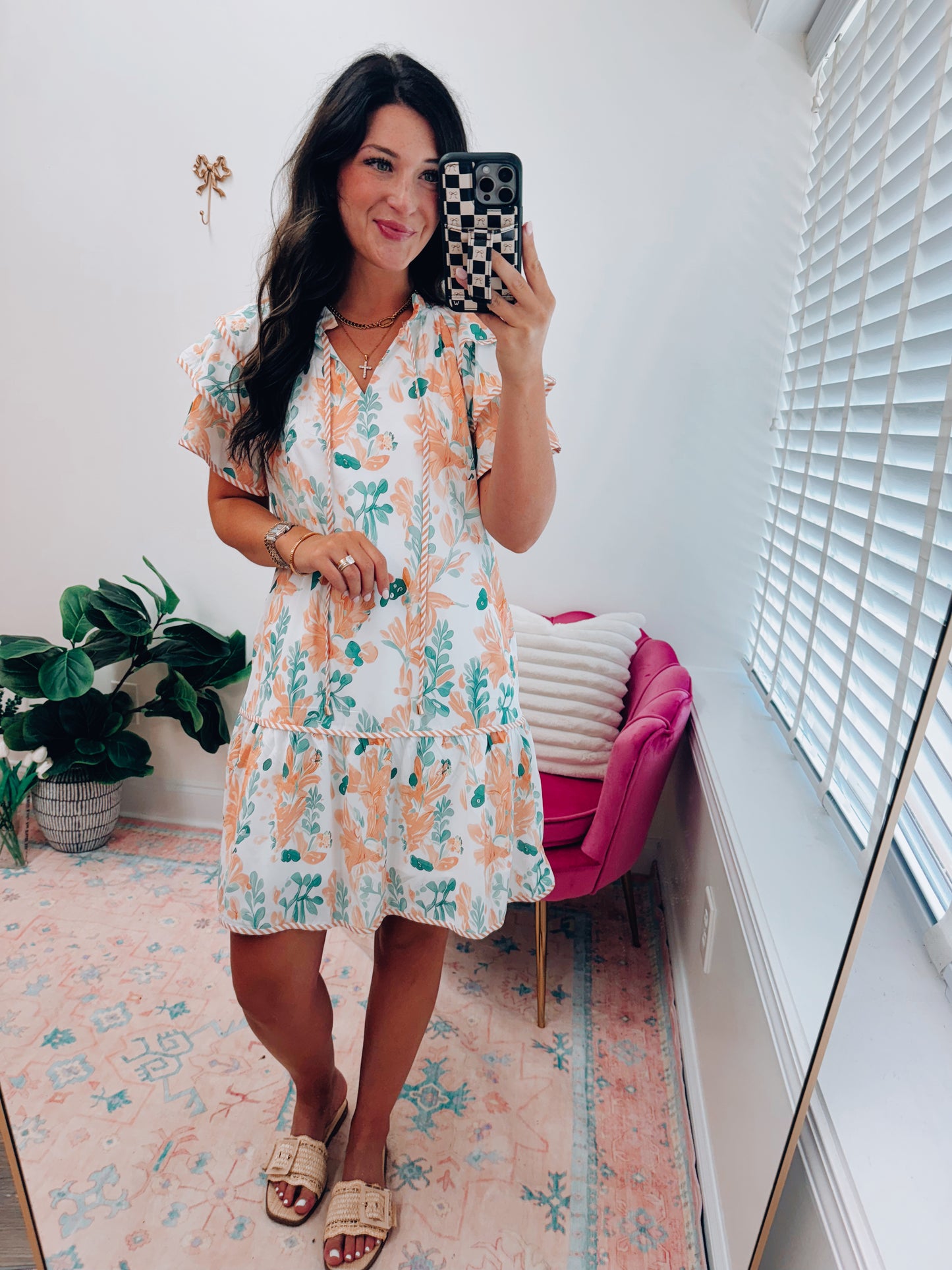 Orange Floral Contrast Ruffle Mini Dress