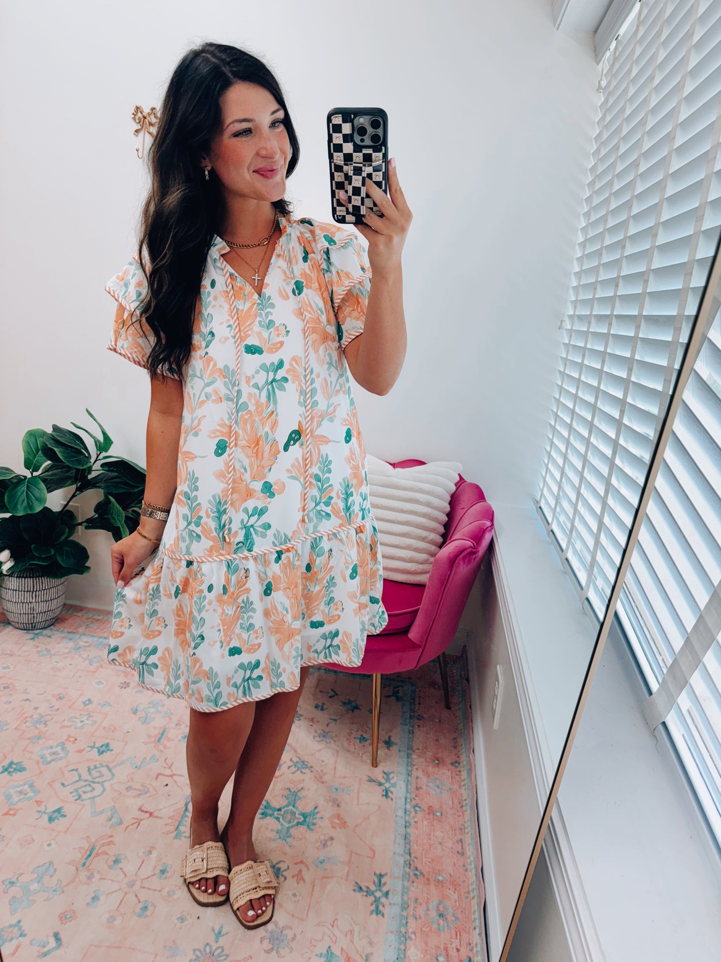 Orange Floral Contrast Ruffle Mini Dress