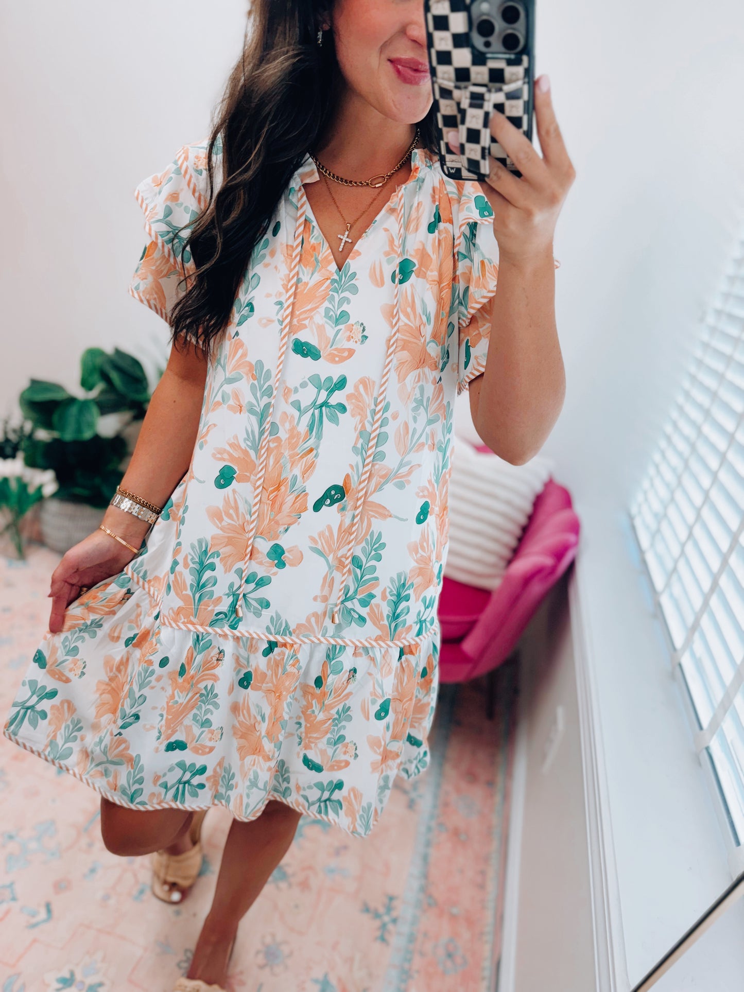Orange Floral Contrast Ruffle Mini Dress