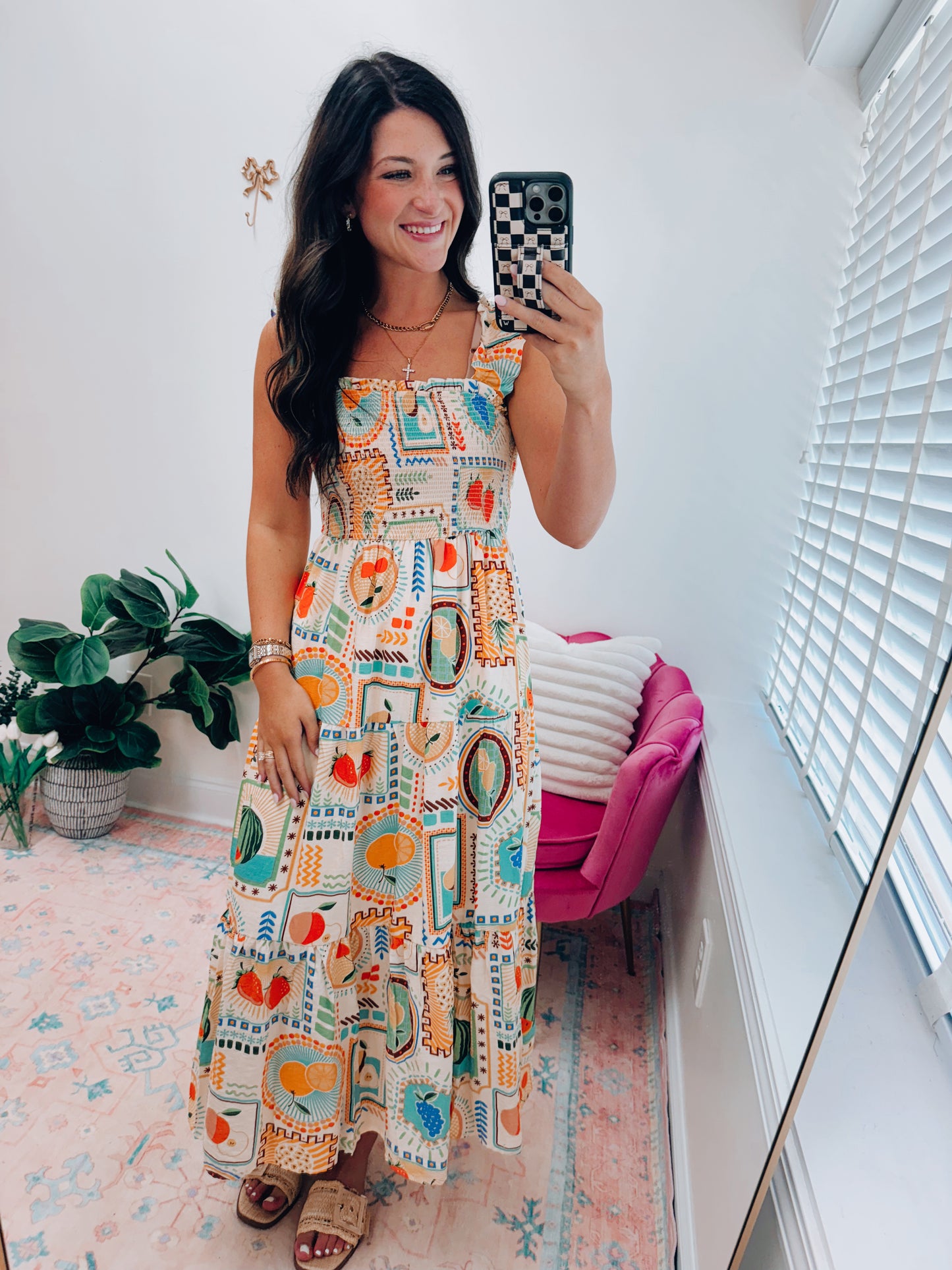 Golden Fruit Stand Smocked Midi Dress