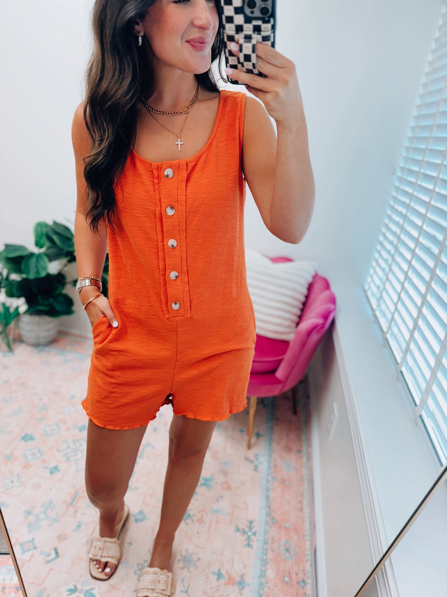 Grapefruit Orange Button Romper