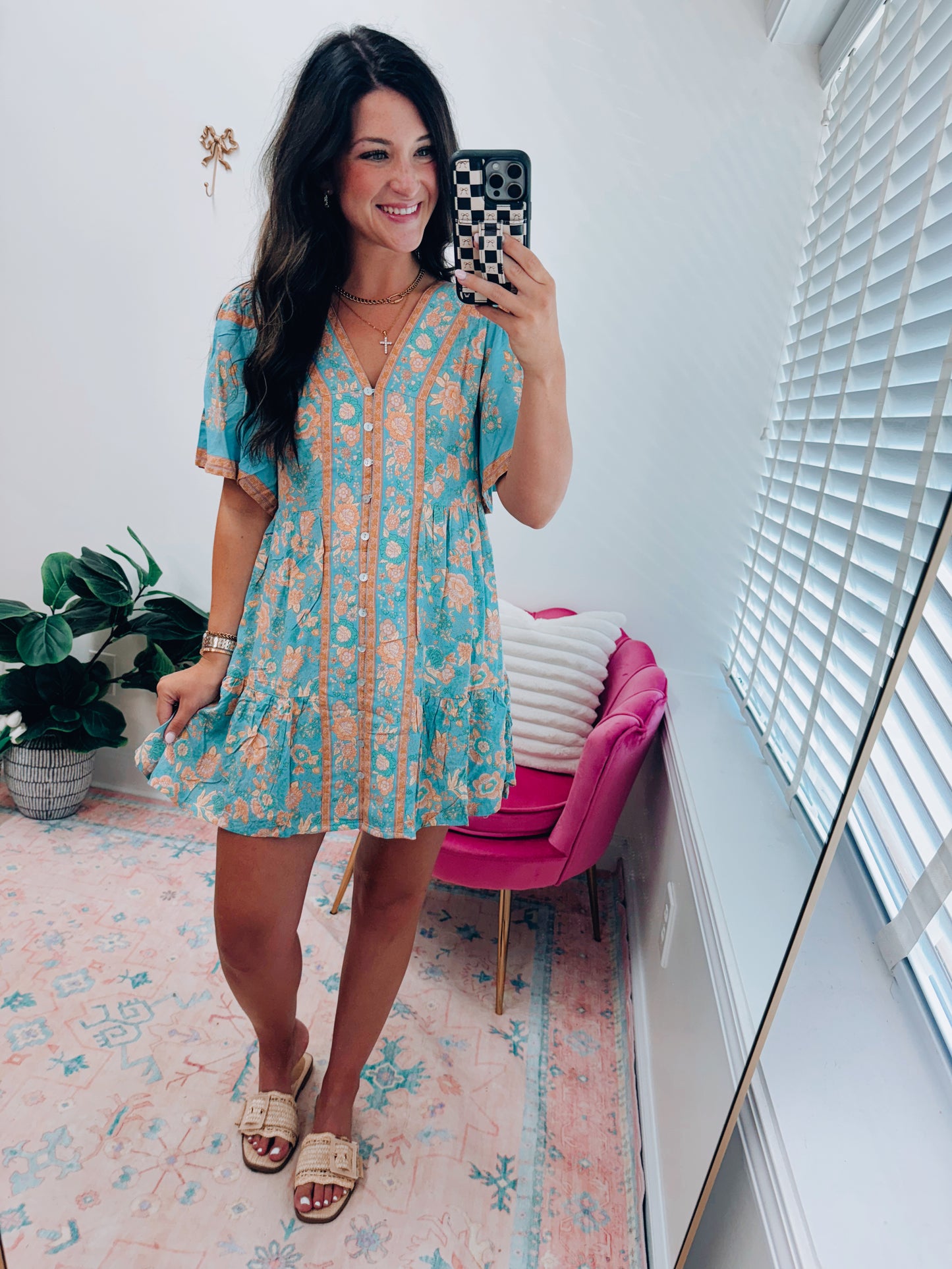 Shirring Printed Woven Mini Dress - Blue