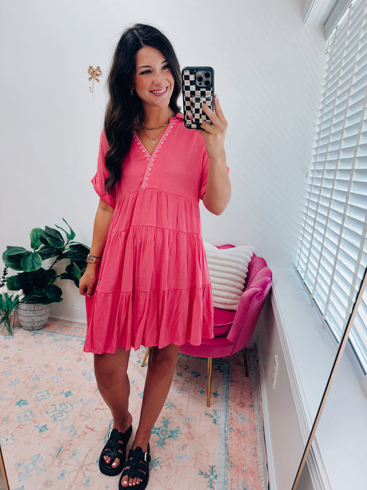 Poppy Pink Embroidered Mini Dress