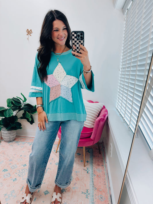 CURVY Floral Patch Work Star Knit Top