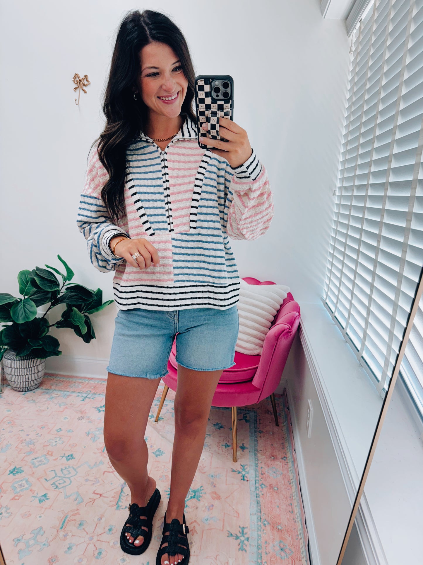 Oversized Funnel Zip Striped Top